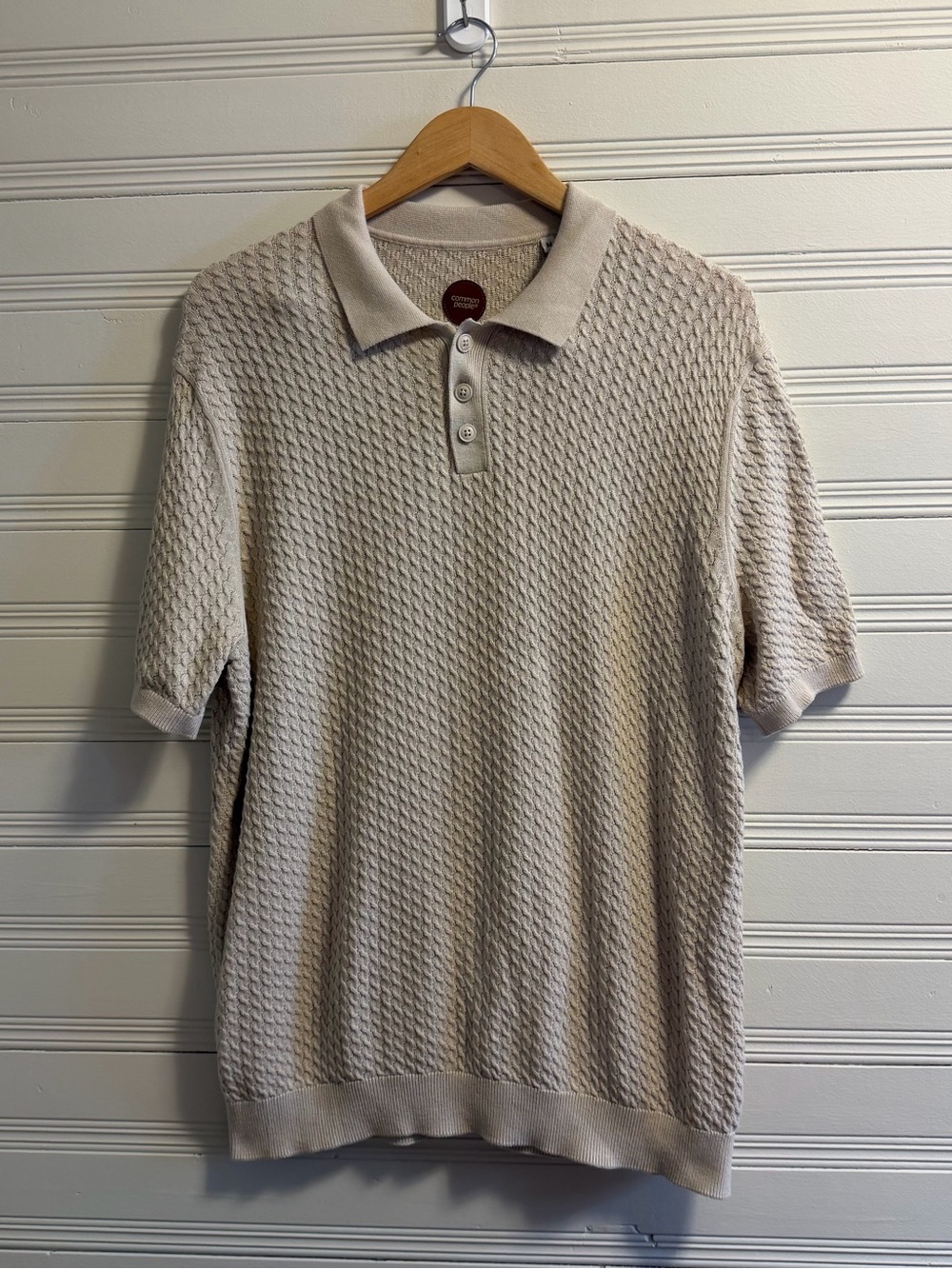 Textured Knit Polo Shirt Beige Cotton Minimalist Old Money M